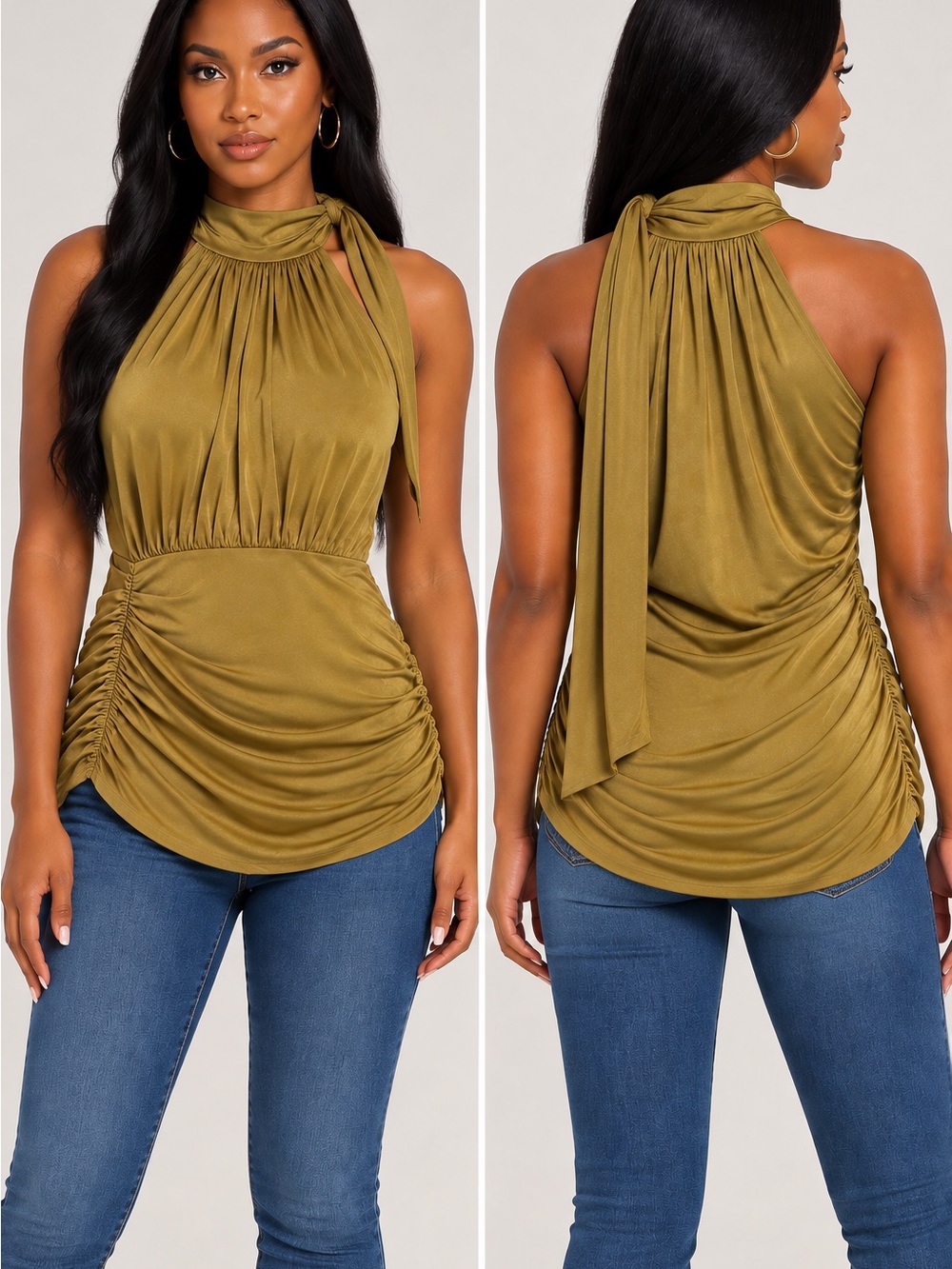 Arden B Women’s L Gold Olive Halter Tie Neck Ruched Draped Tunic Top
